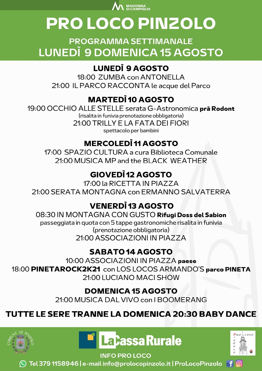 Pro Loco Pinzolo: Programmazione settimanale – Lunedì 09 agosto Domenica 15 agosto 2021