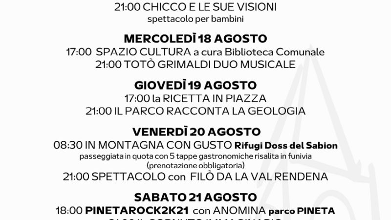 Pro Loco Pinzolo: Programmazione settimanale – Lunedì 16 agosto Domenica 22 agosto 2021