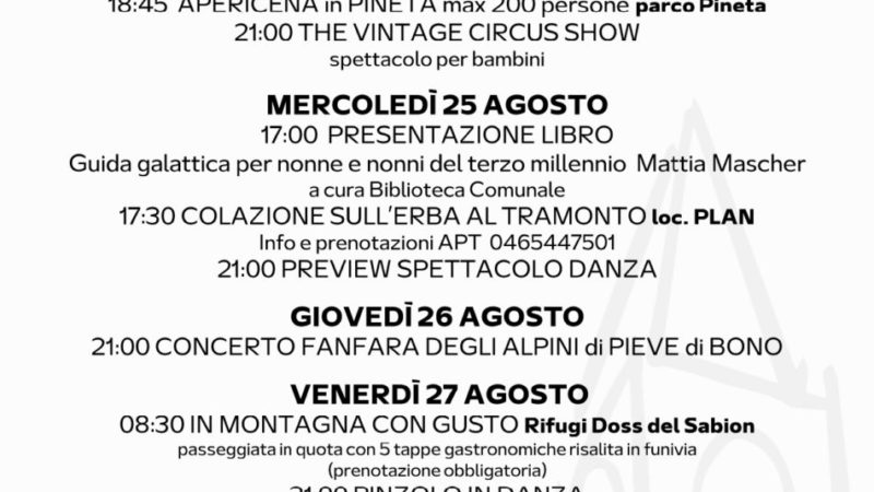 Pro Loco Pinzolo: Programmazione settimanale – Lunedì 23 agosto Domenica 29 agosto 2021