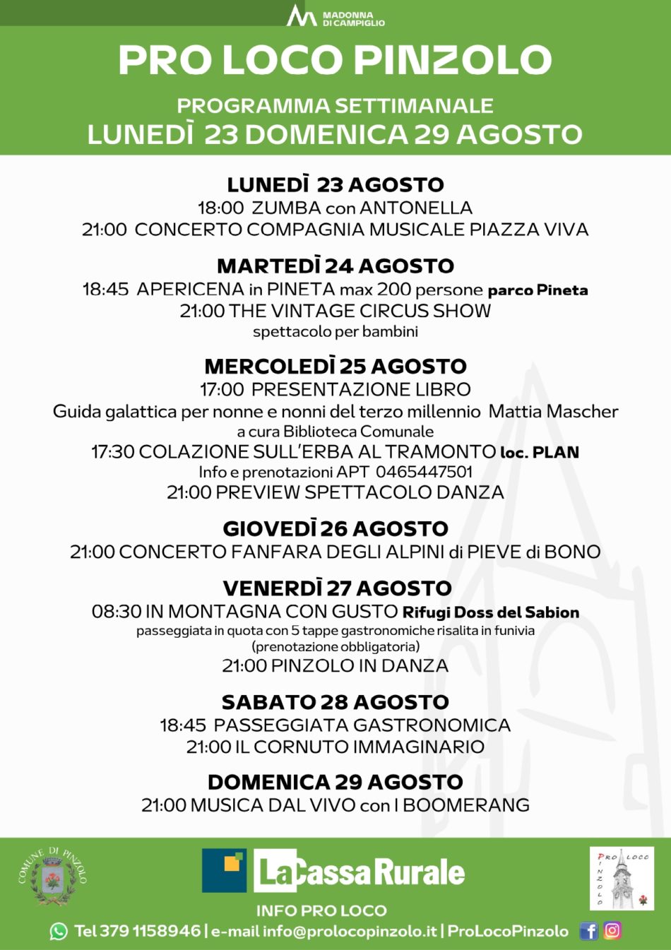 Pro Loco Pinzolo: Programmazione settimanale – Lunedì 23 agosto Domenica 29 agosto 2021