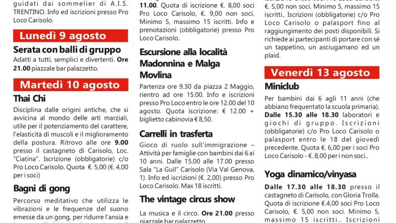 CARISOLO Manifestazioni dall’8 al 13 agosto 2021