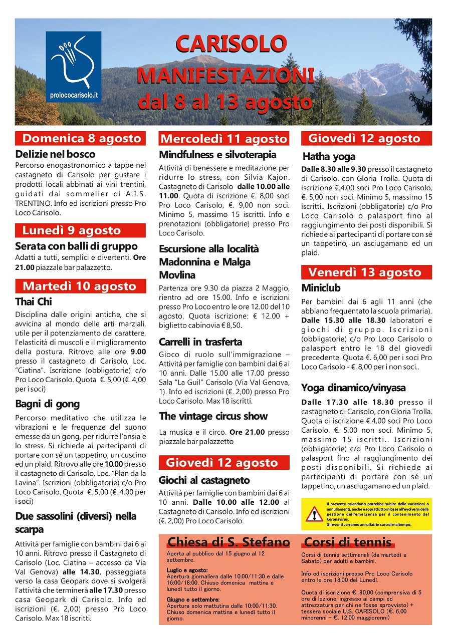 CARISOLO Manifestazioni dall’8 al 13 agosto 2021