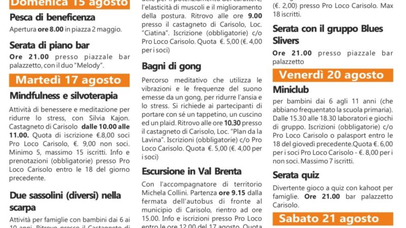 CARISOLO Manifestazioni dal 14 al 23 agosto 2021