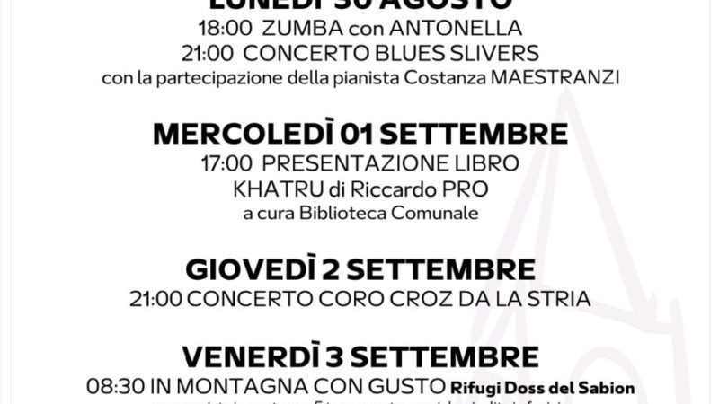 Pro Loco Pinzolo: Programmazione settimanale – Lunedì 30 agosto Domenica 05 settembre 2021