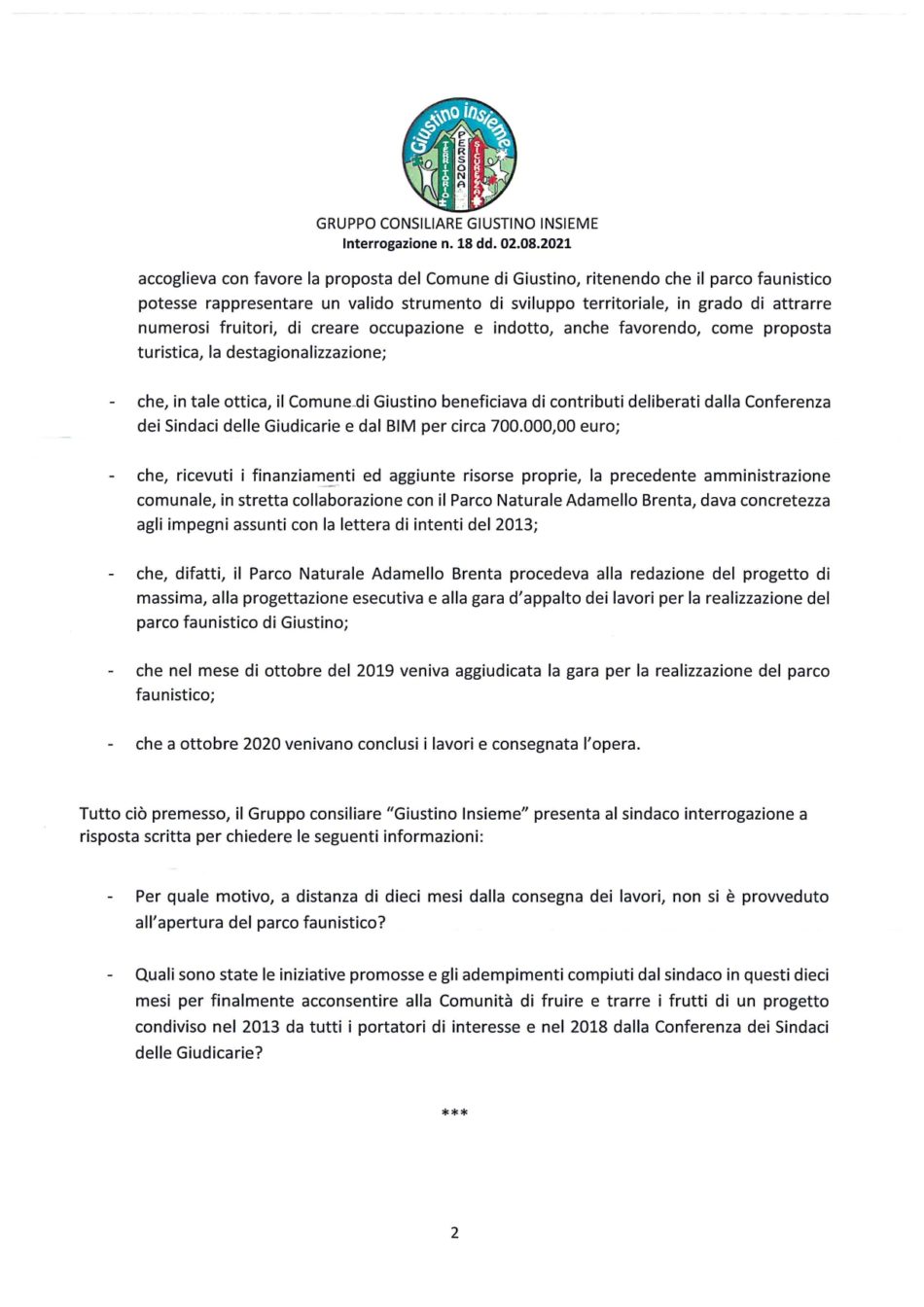 Interrogazione Giustino Insieme