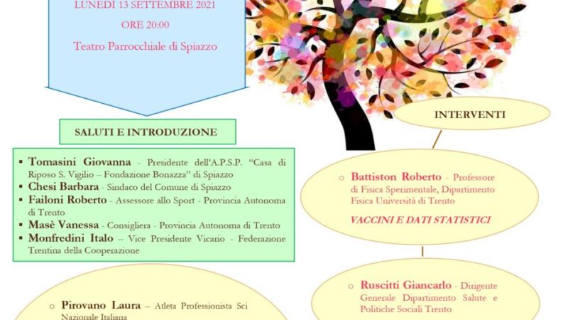Serata “la ripresa della vita” vaccini e sport lunedì 13 settembre ore 20,00 Teatro Parrocchiale  di Spiazzo Rendena con hub vaccinale senza prenotazione