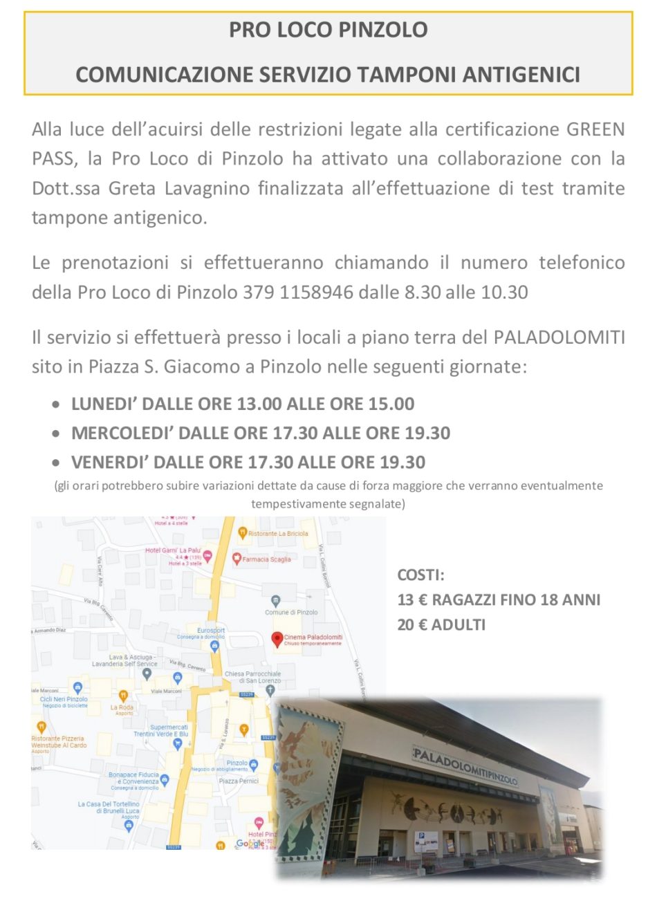 Comunicazione Servizio tamponi antigenici al Paladolomiti