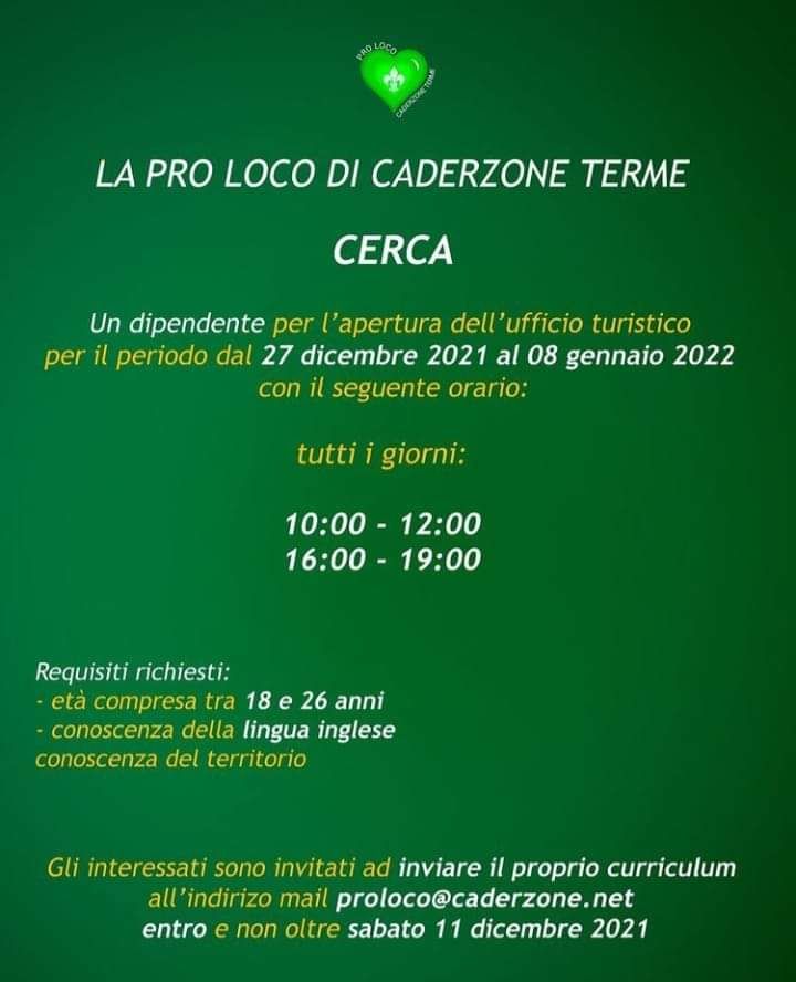 La Pro Loco di Caderzone Terme cerca un dipendente per il periodo di Natale
