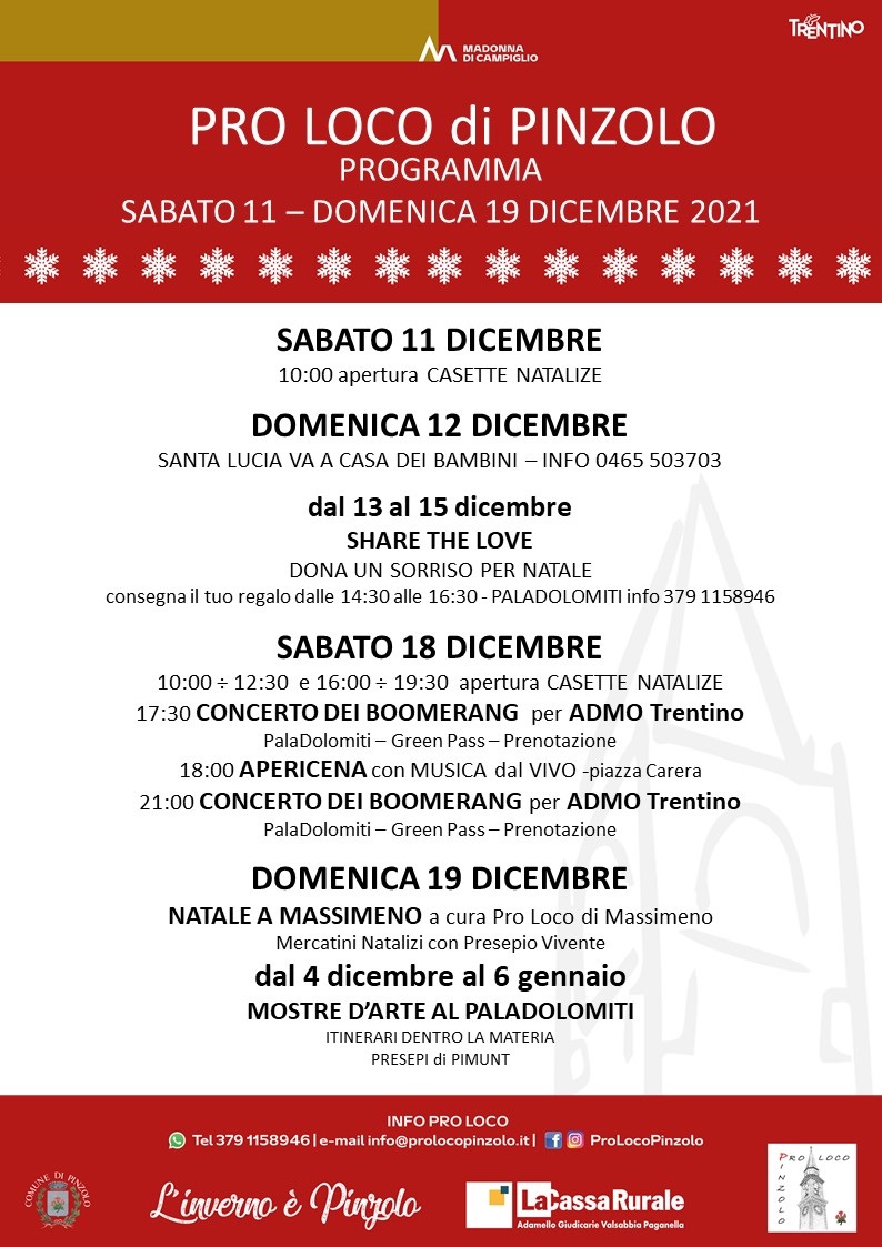 PROGRAMMA PRO LOCO PINZOLO DA SABATO 11 A DOMENICA 19 DICEMBRE 2021