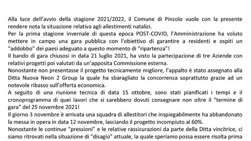 Il Comune di Pinzolo rende nota la situazione relativa agli allestimenti natalizi