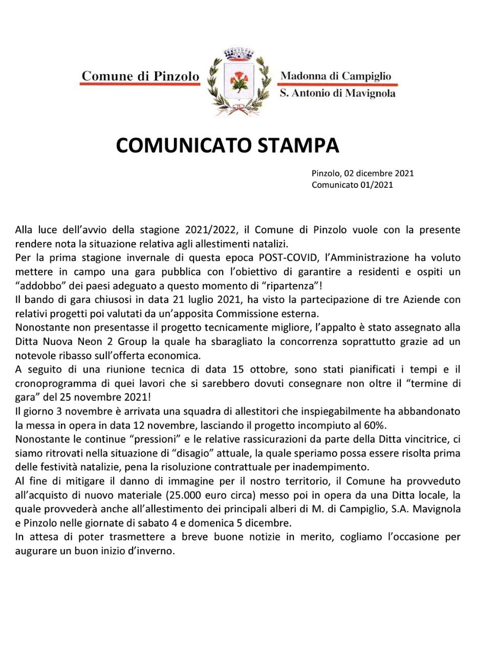 Il Comune di Pinzolo rende nota la situazione relativa agli allestimenti natalizi