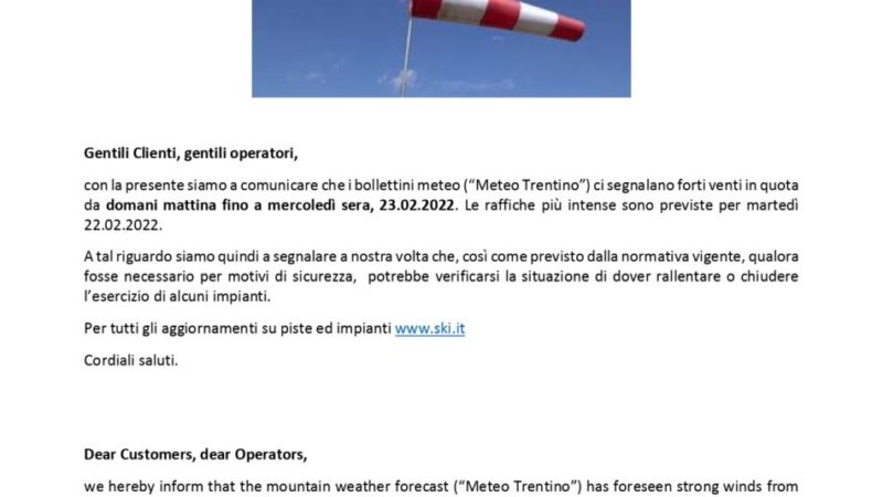 Comunicato del 20 febbraio 2022 – Vento in quota