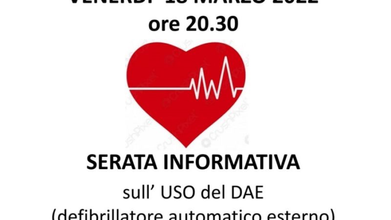 Serata informativa sull’uso del DAE e sulla chiamata di emergenza domani sera, venerdì 18 marzo, ad ore 20.30 in teatro a Giustino