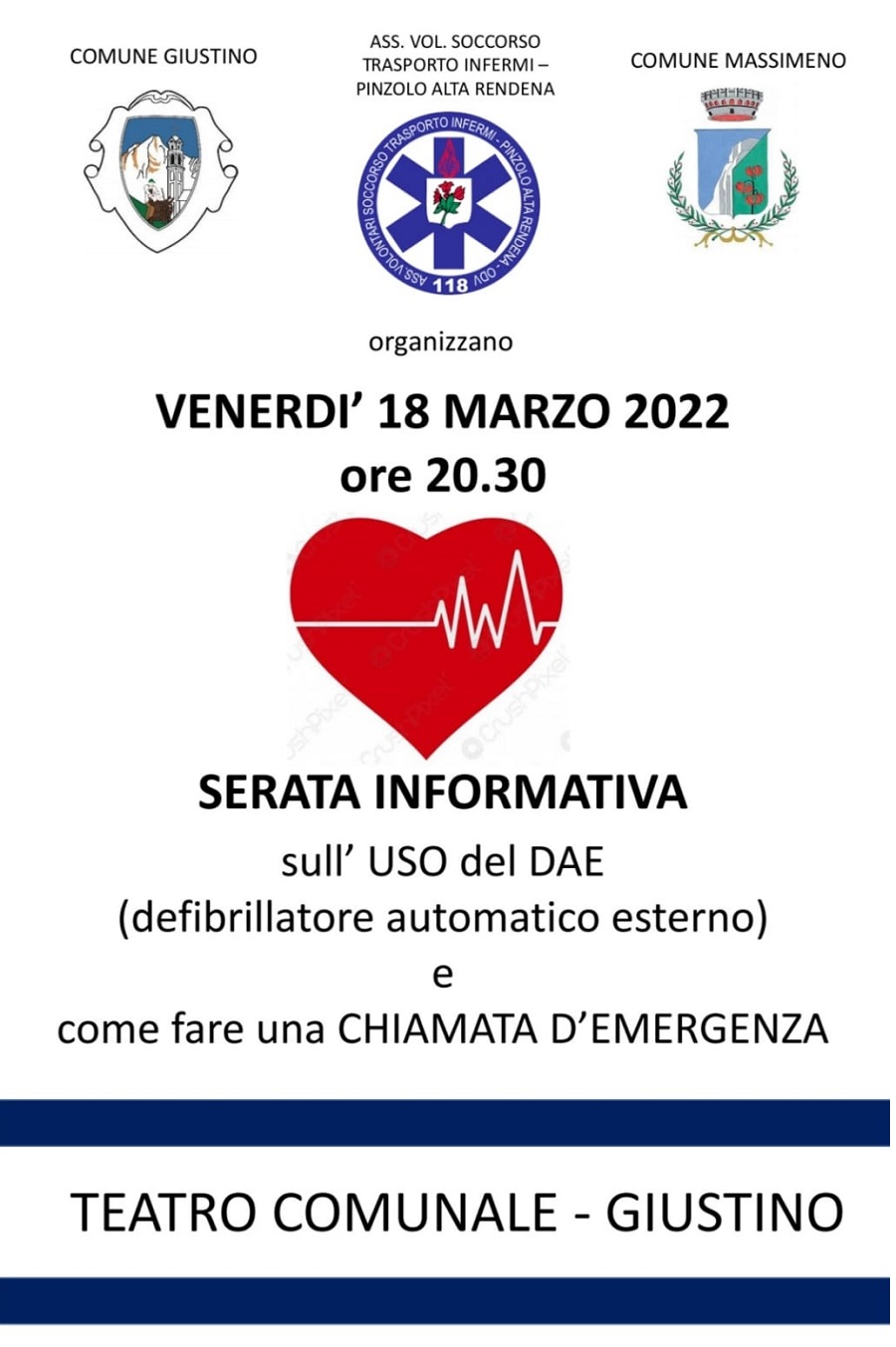 Serata informativa sull’uso del DAE e sulla chiamata di emergenza domani sera, venerdì 18 marzo, ad ore 20.30 in teatro a Giustino