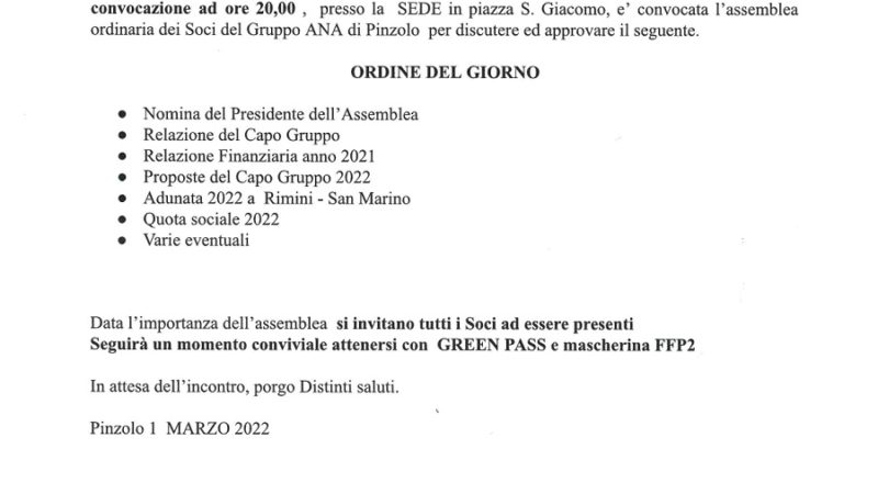 Gruppo Alpini Pinzolo: Assemblea annuale – Venerdì 25 marzo