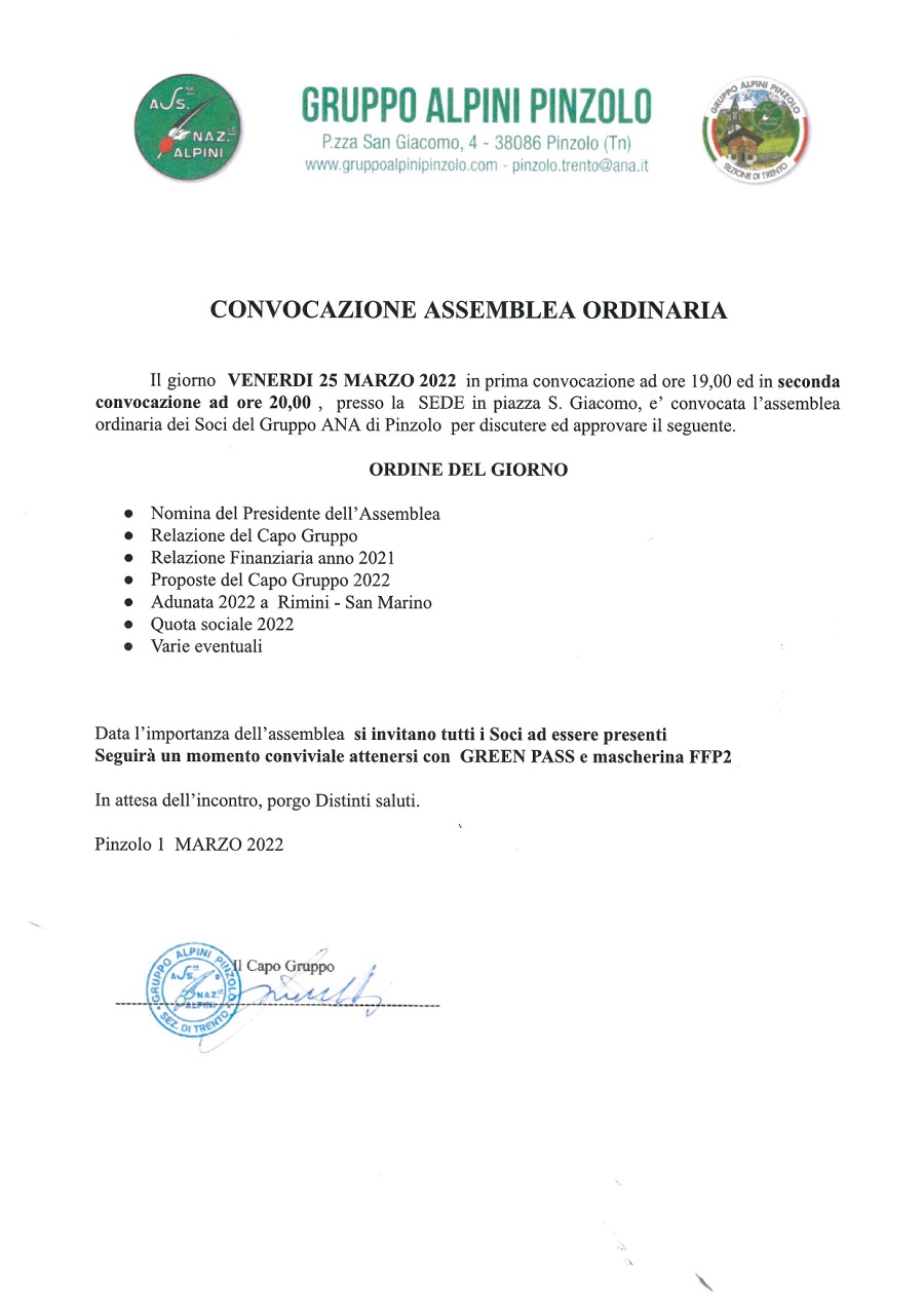 Gruppo Alpini Pinzolo: Assemblea annuale – Venerdì 25 marzo
