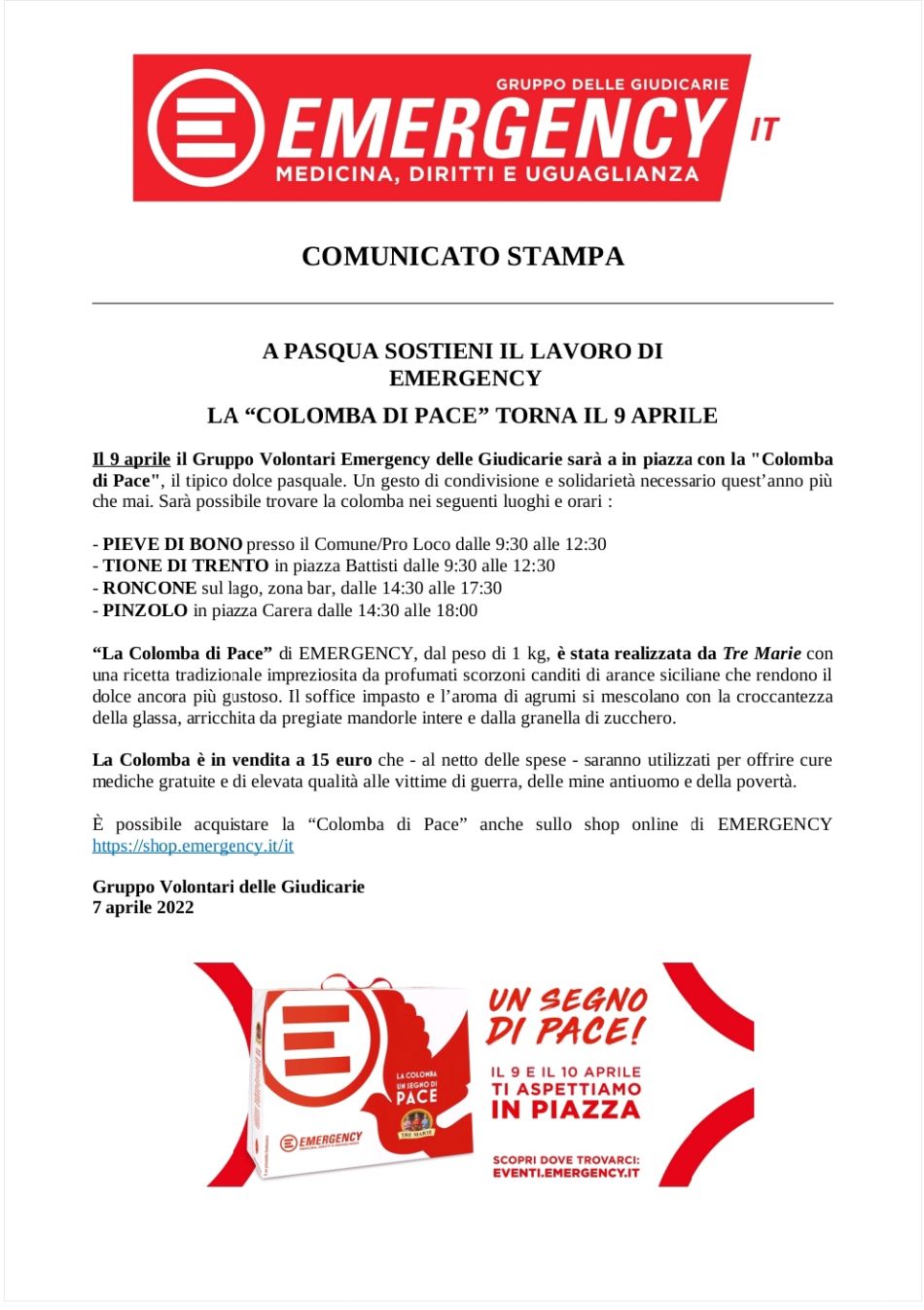 9 aprile a Pinzolo: Colomba di Pace Emergency 2022