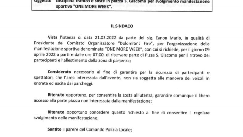 Ordinanza evento “One More Week” – Sabato 9 Aprile 2022