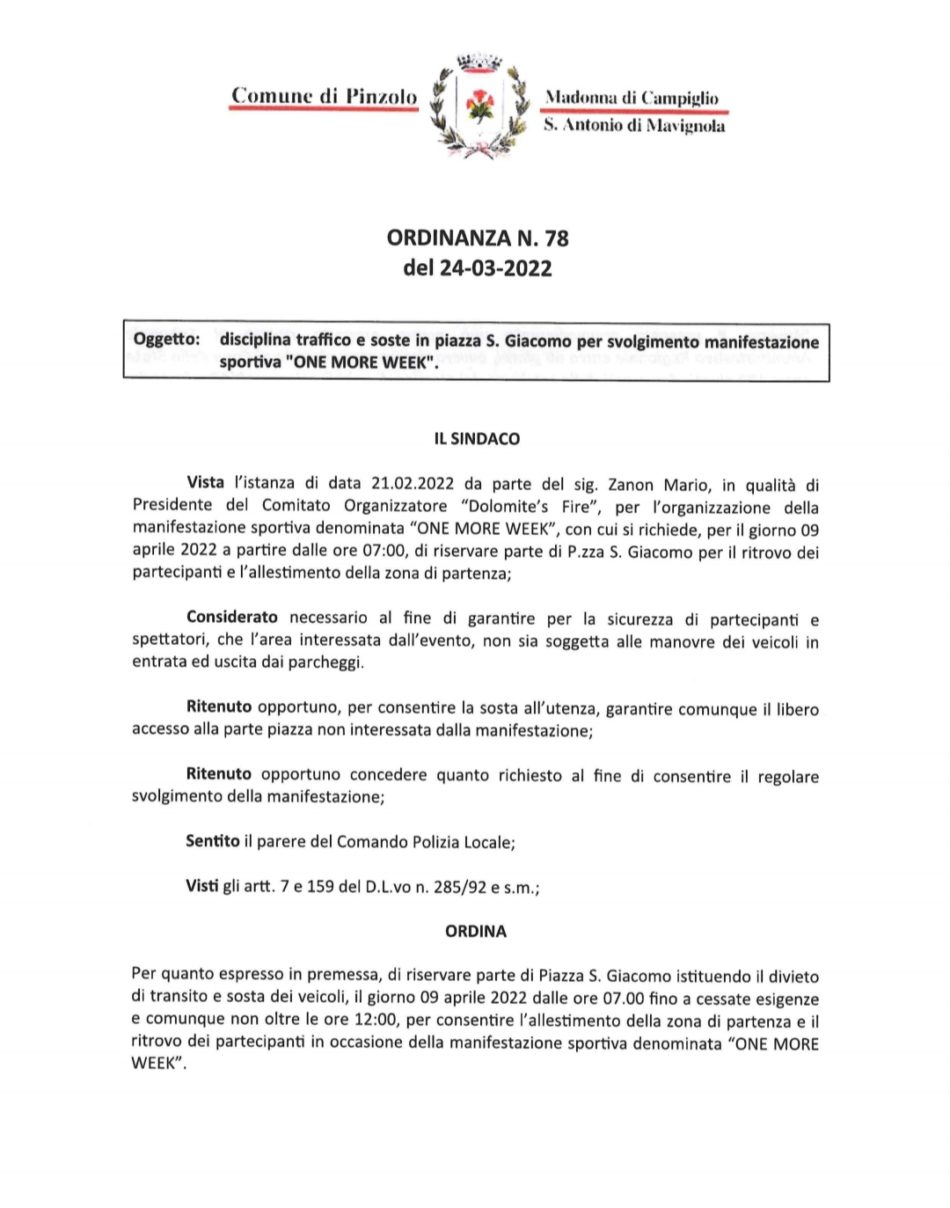 Ordinanza evento “One More Week” – Sabato 9 Aprile 2022