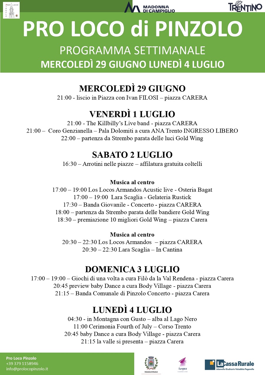 L’estate è Pinzolo: programma dal 29 giugno al 4 luglio