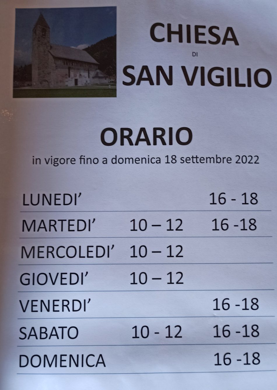 Estate 2022: orario chiesa San Vigilio