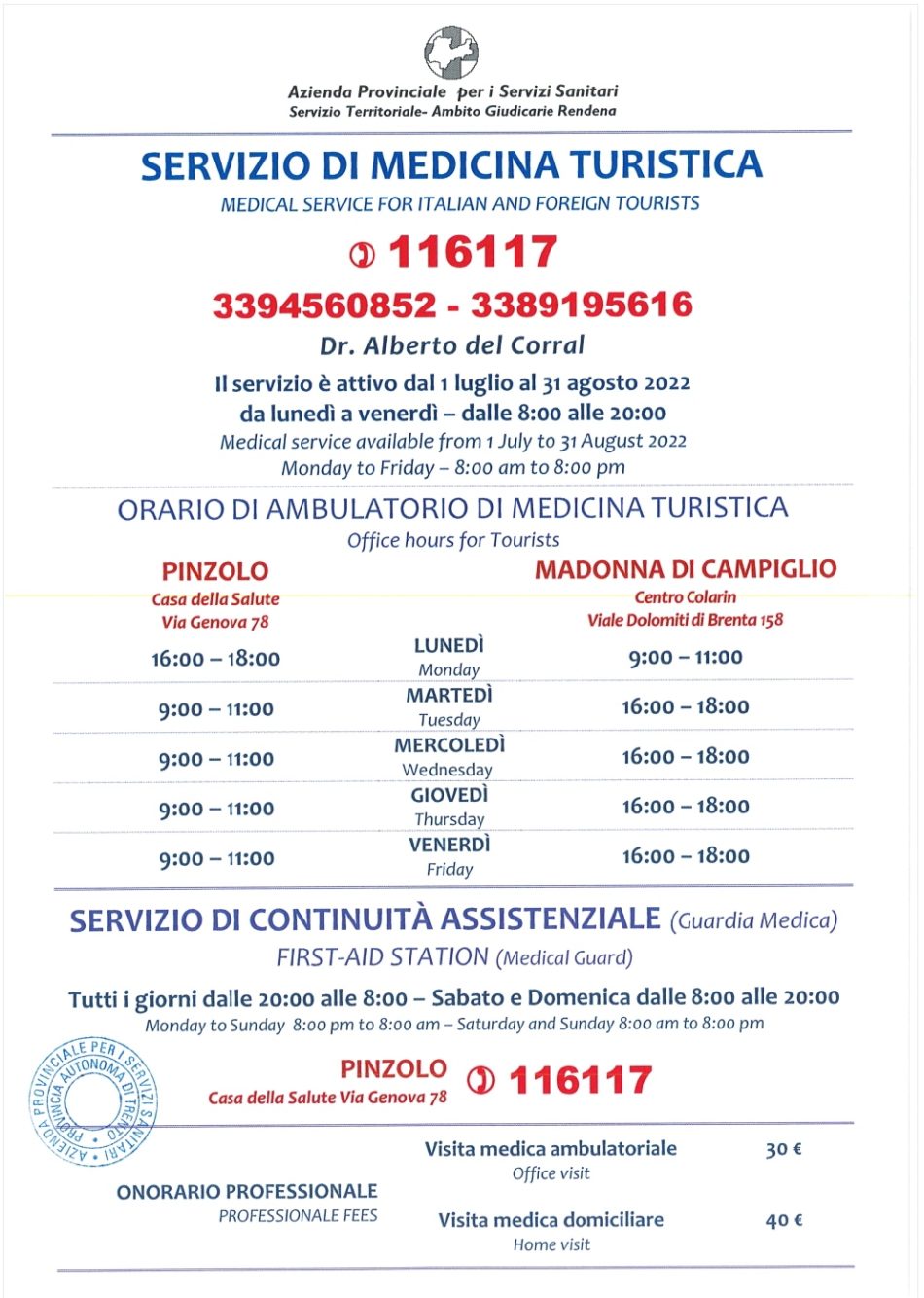 Orari Servizio Medico per turisti