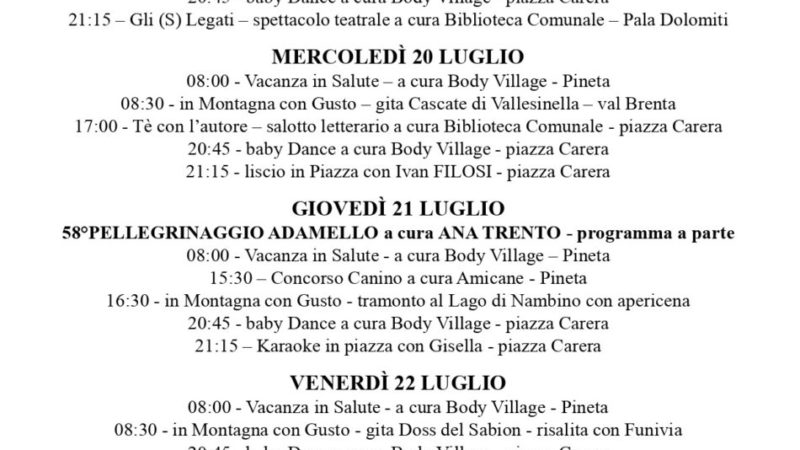 L’Estate è Pinzolo: programma dal 18 al 24 luglio