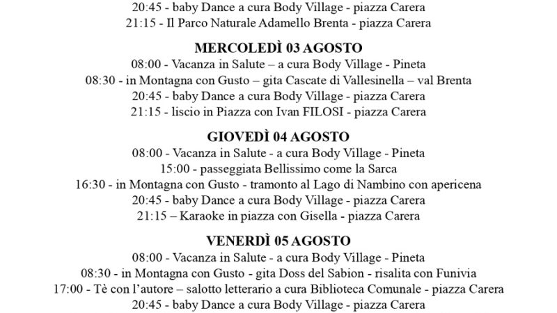 L’Estate è Pinzolo: Programma settimanale da 1 al 7 agosto