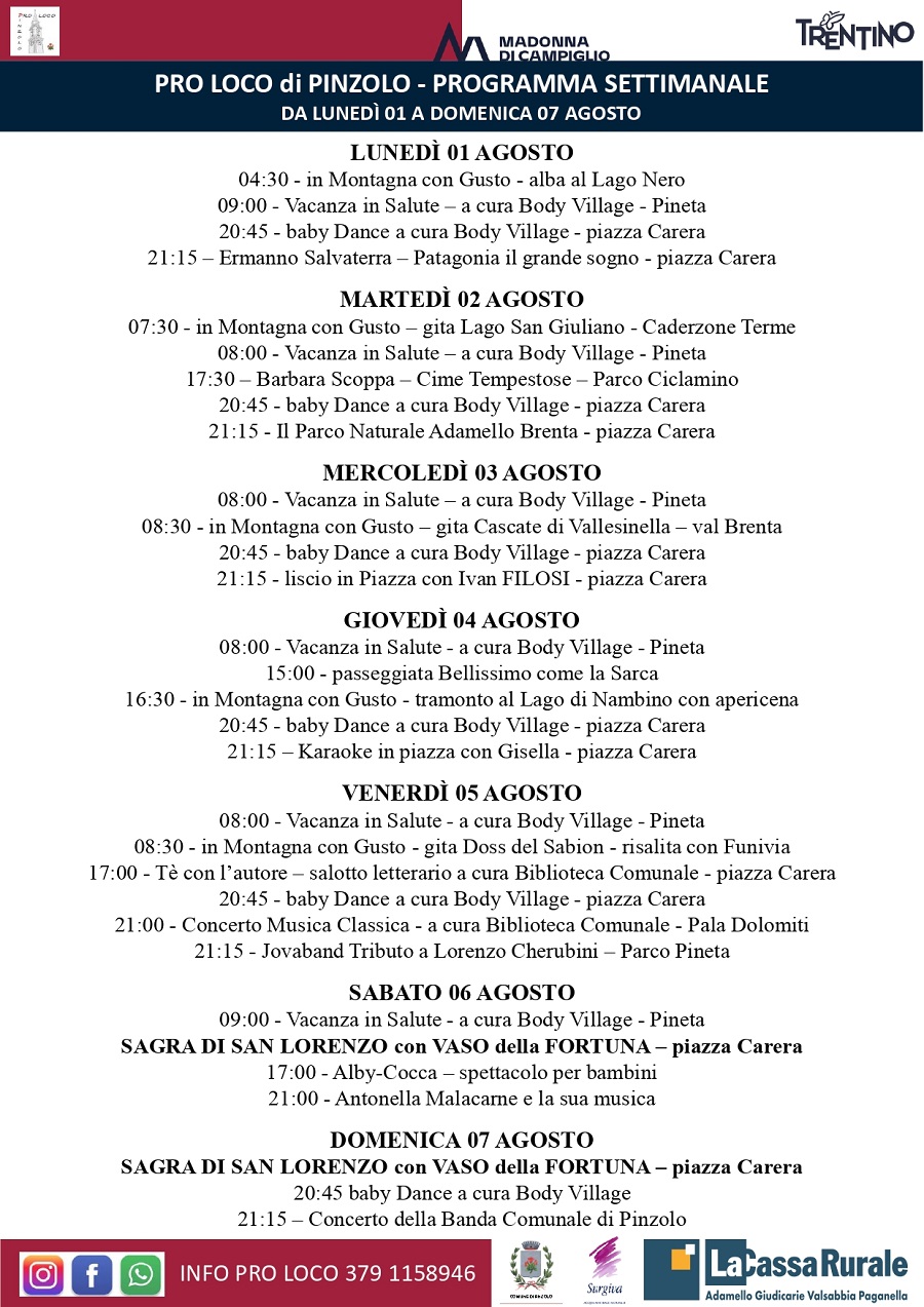 L’Estate è Pinzolo: Programma settimanale da 1 al 7 agosto
