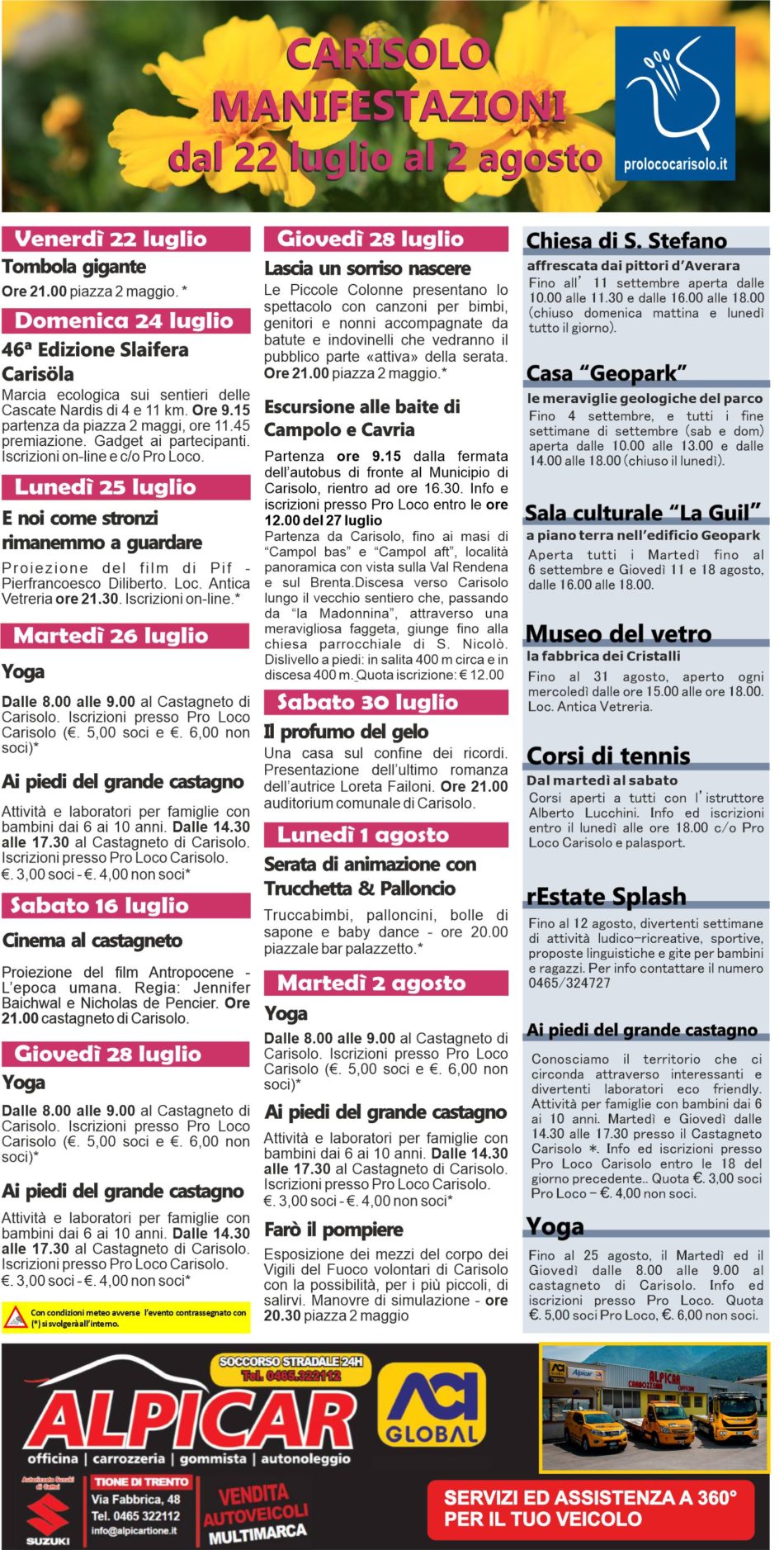 Carisolo: programma manifestazioni dal 22 luglio al 2 agosto