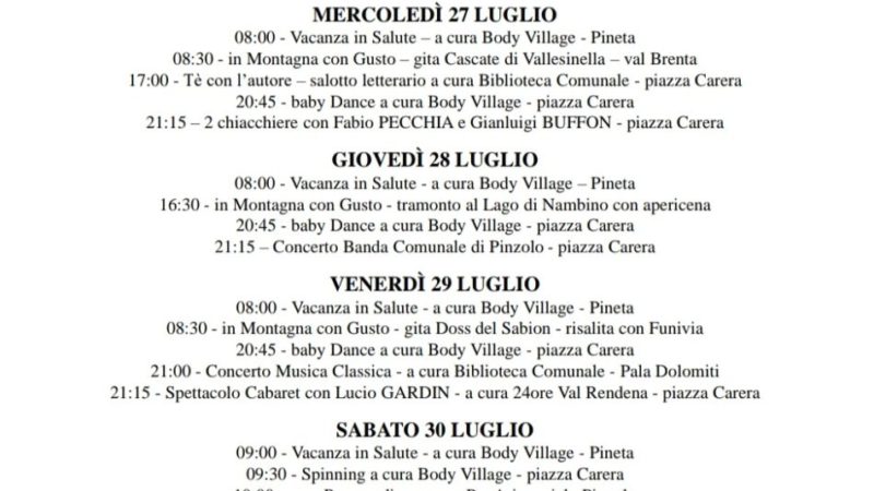 L’estate è Pinzolo: programma dal 25 al 31 luglio