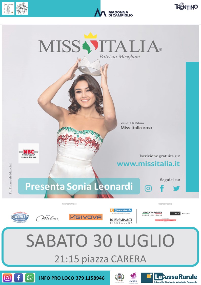 Sabato 30 luglio ore 21.15: Miss Italia in piazza Carera. Apre la serata l’esibizione di Alessandro Mosca Balma