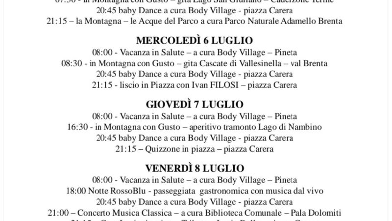 L’estate è Pinzolo: Programma dal 4 all’11 luglio