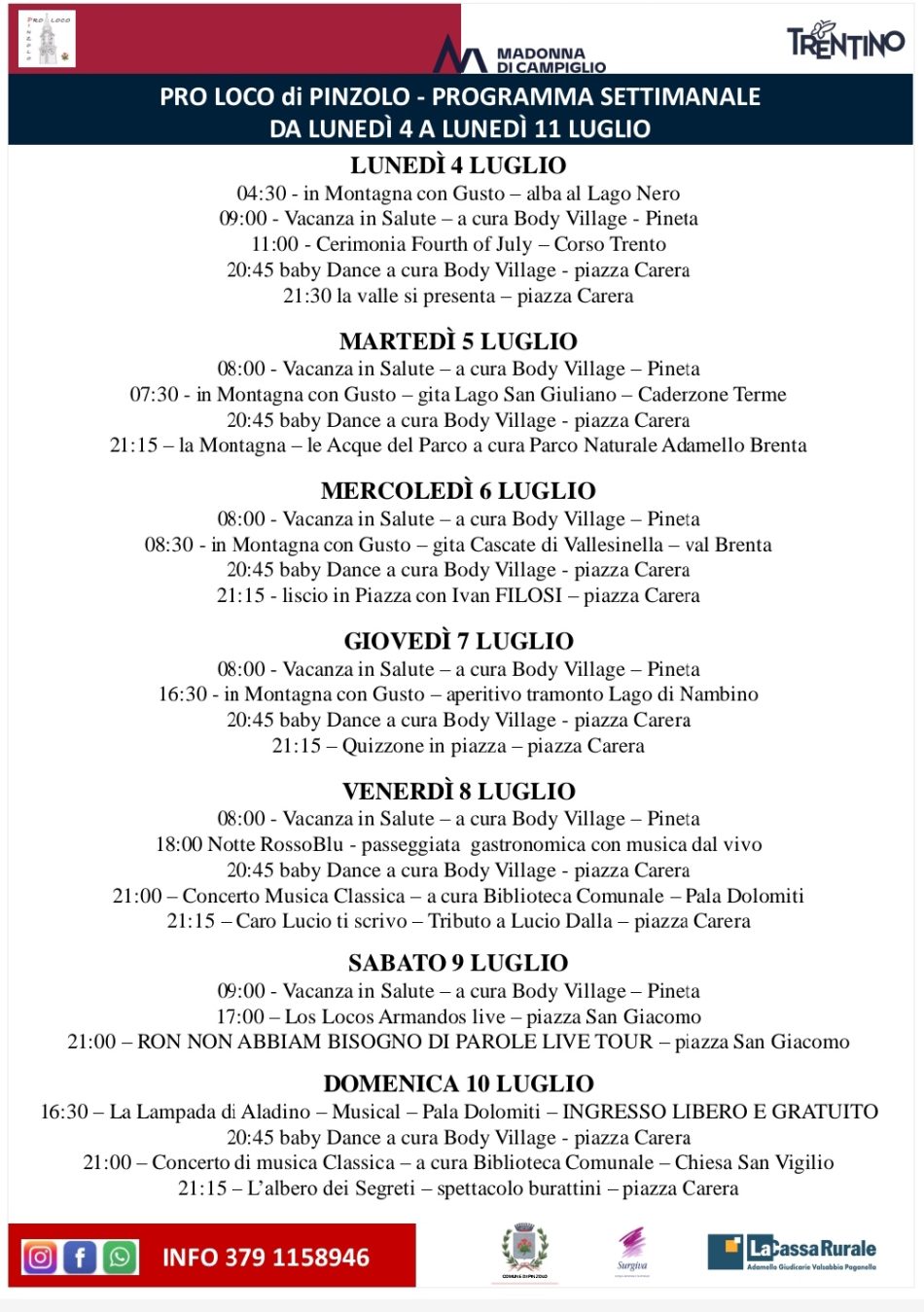 L’estate è Pinzolo: Programma dal 4 all’11 luglio