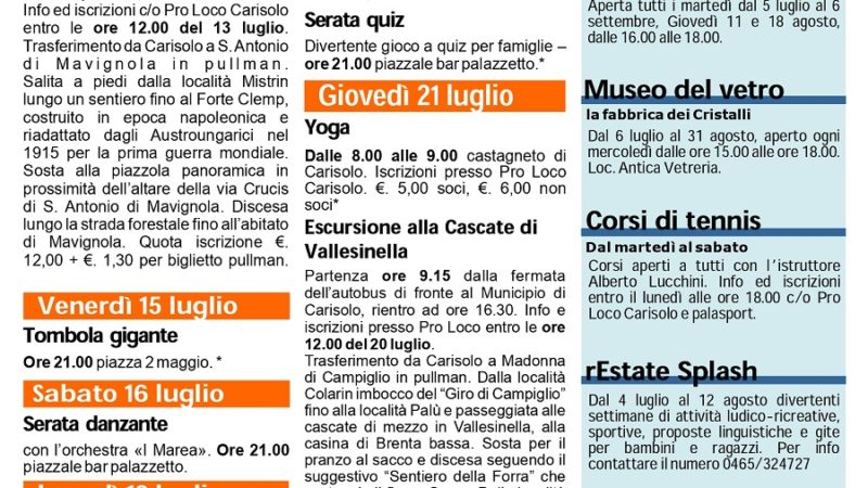 Carisolo: Programma manifestazioni dal 14 al 21 luglio