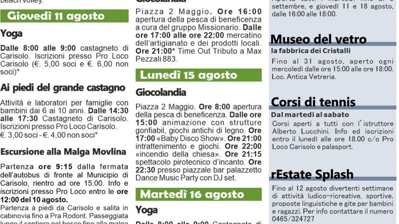 Carisolo: Programma manifestazioni dal 10 al 17 agosto