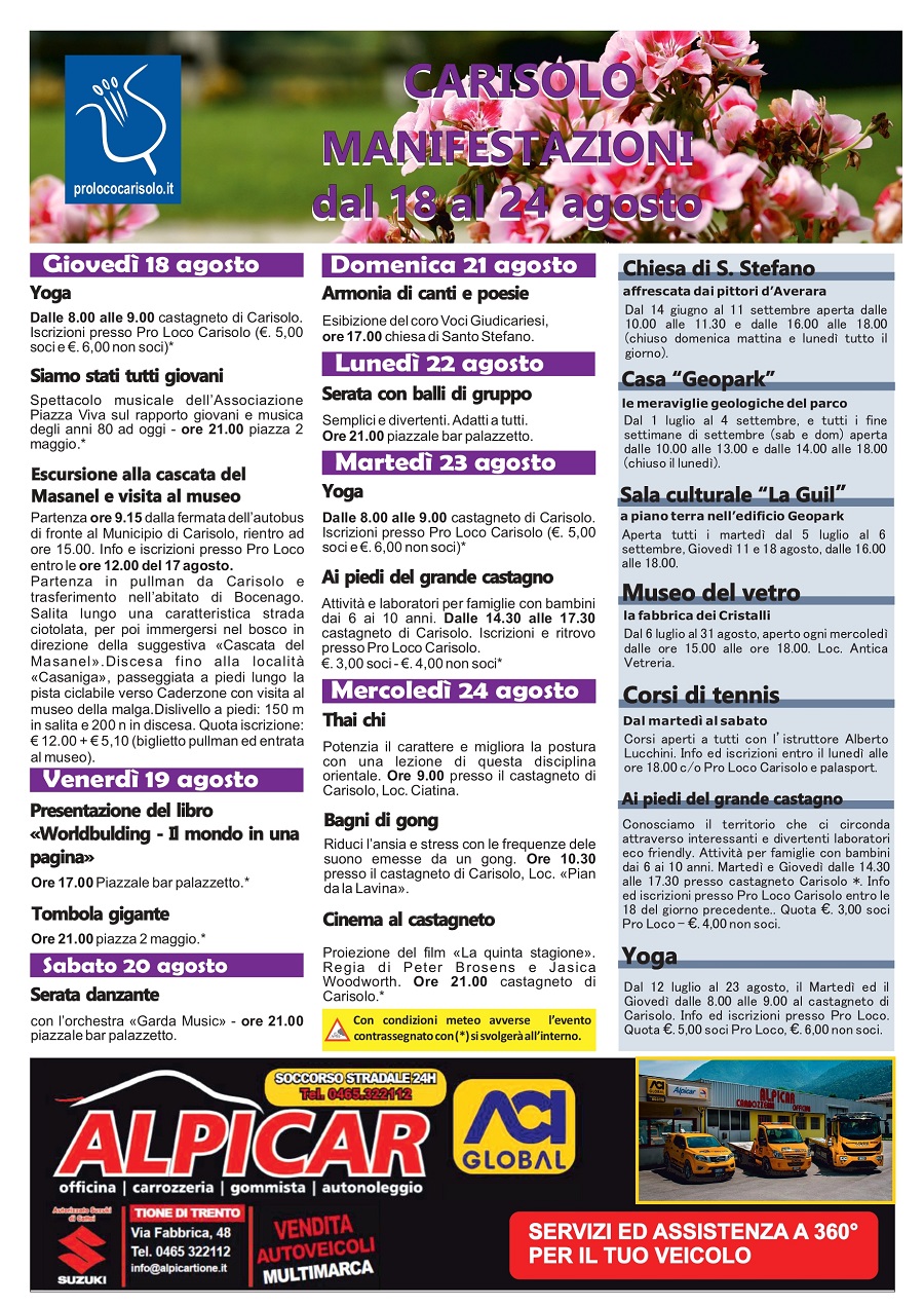 Carisolo: Manifestazioni dal 18 al 24 agosto