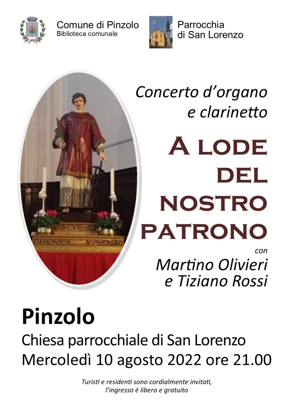 10 agosto Chiesa di San Lorenzo: Concerto d’organo e clarinetto “A lode del nostro Patrono”