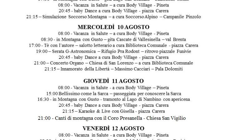 L’Estate è Pinzolo: Programma dall’8 al 14 agosto