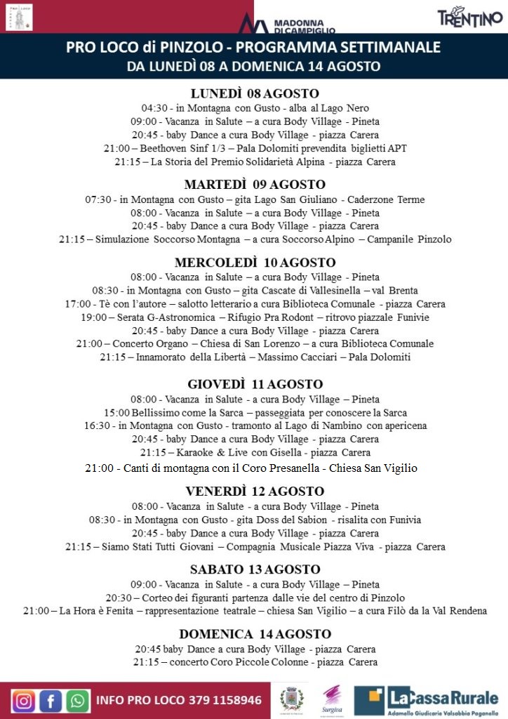 L’Estate è Pinzolo: Programma dall’8 al 14 agosto