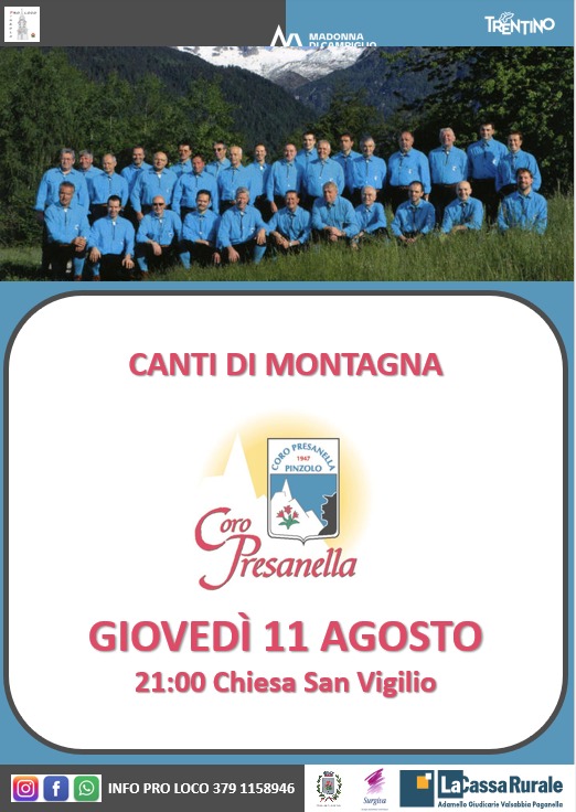 Giovedì 11 agosto ore 21:00: Canti di montagna con il Coro Presanella alla Chiesa San Vigilio
