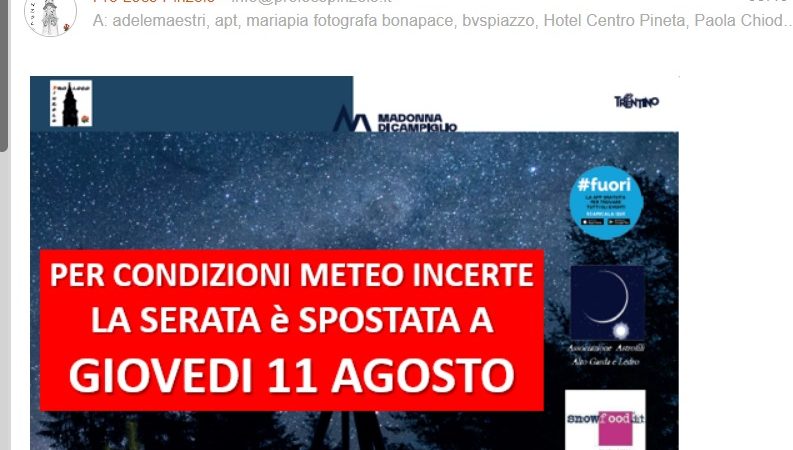 Per condizioni meteo incerte la serata G-astronomica è rinviata a domani 11 agosto