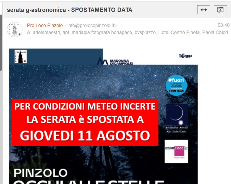 Per condizioni meteo incerte la serata G-astronomica è rinviata a domani 11 agosto