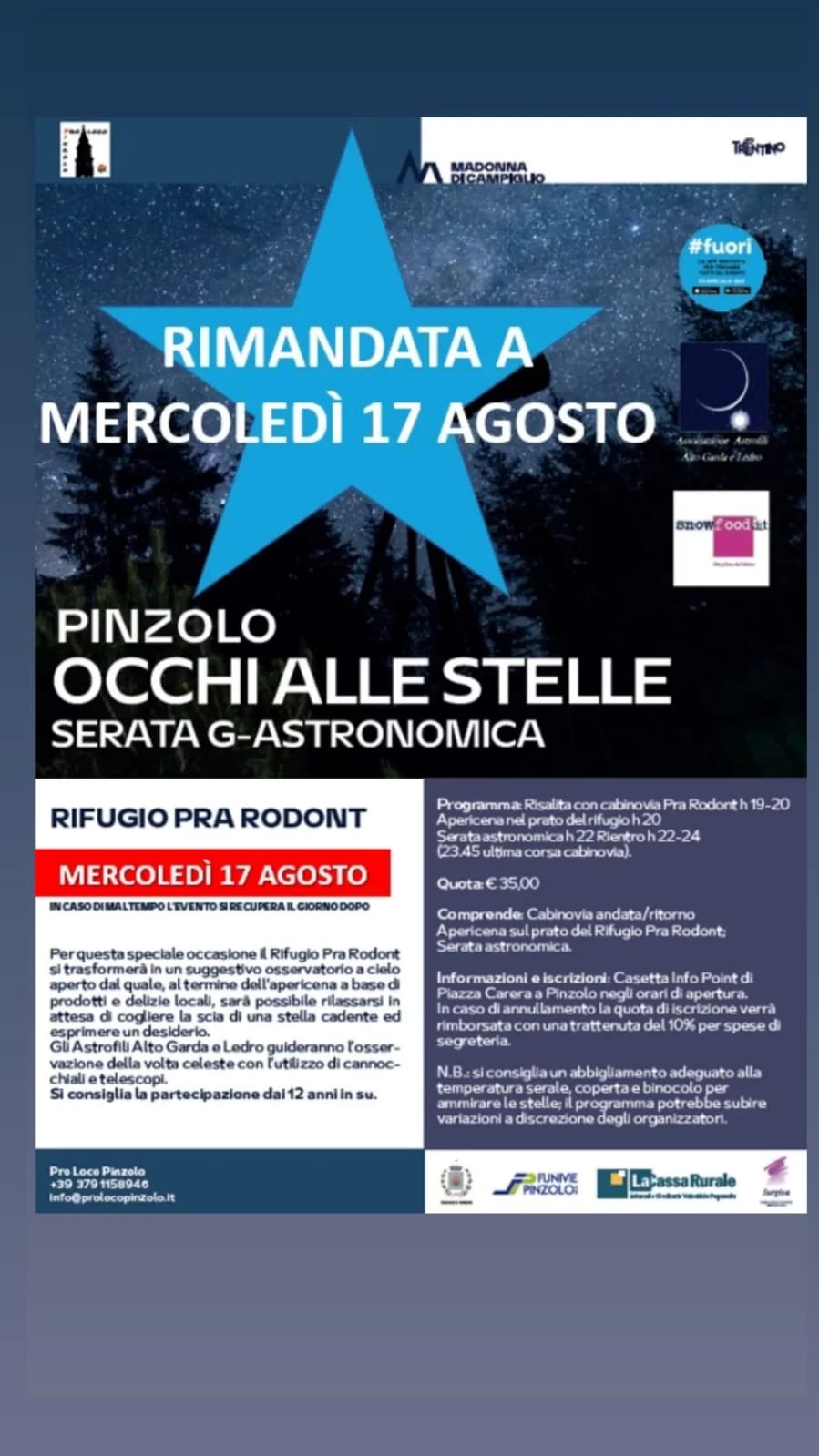 Serata G-astronomica rimandata a mercoledì 17 agosto