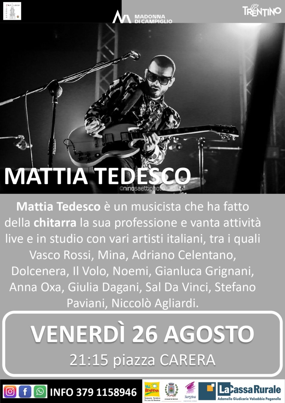 Pinzolo – Venerdì 26 agosto ore 21.15: Concerto di Mattia Tedesco in piazza Carera