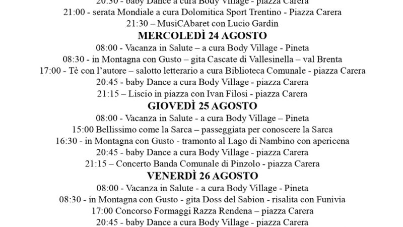 L’Estate è Pinzolo: Programma settimana dal 22 al 28 agosto