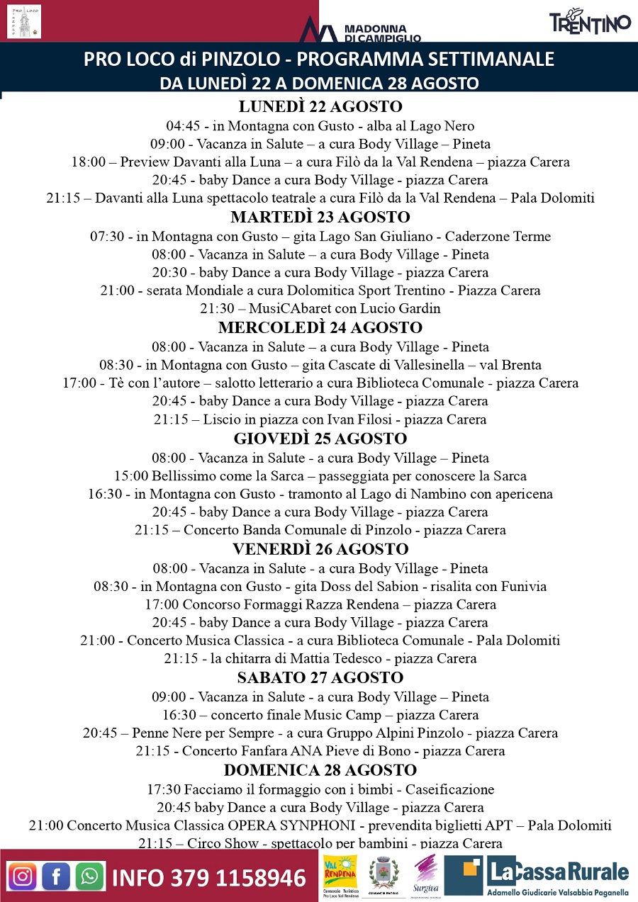L’Estate è Pinzolo: Programma settimana dal 22 al 28 agosto