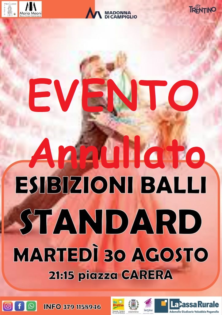 Martedì 30 agosto ore 21.15: Esibizioni balli STANDARD in piazza Carera EVENTO ANNULLATO