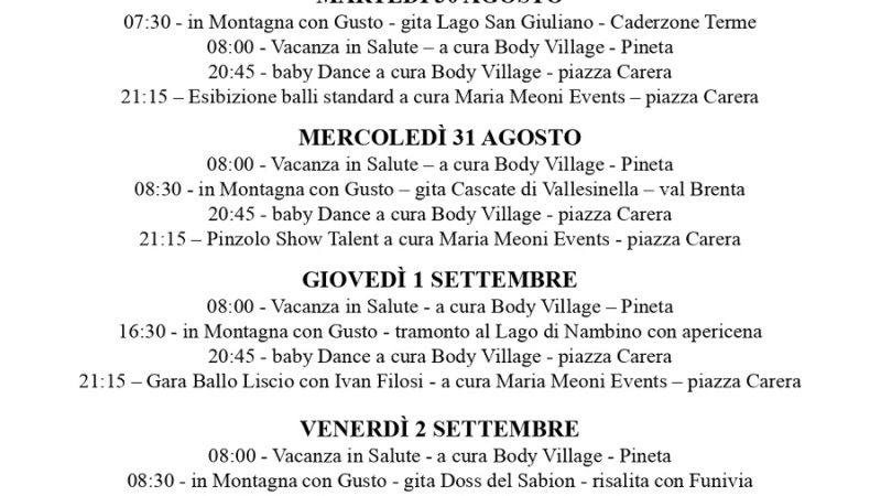 L’Estate è Pinzolo: Programma settimana dal 29 agosto al 4 settembre