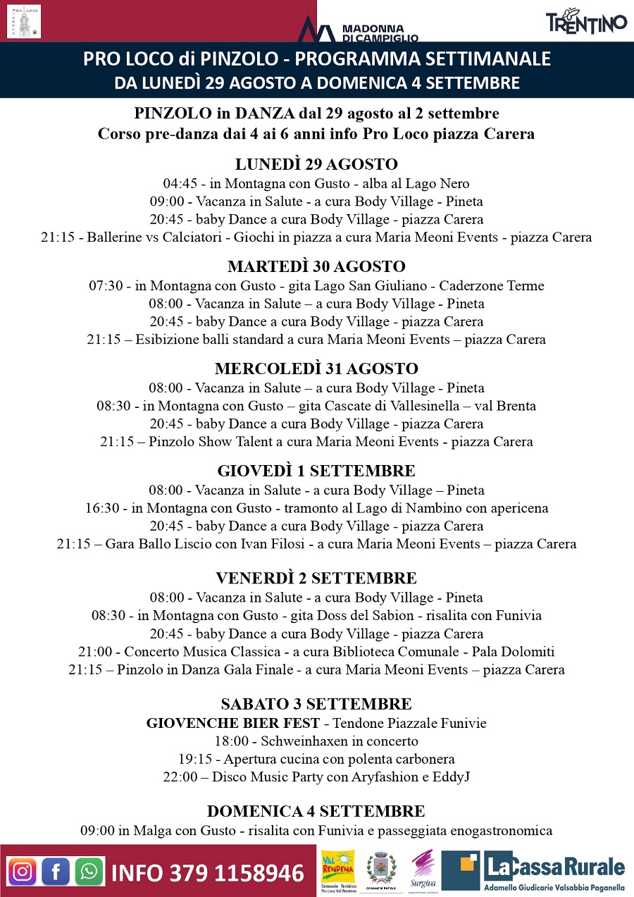 L’Estate è Pinzolo: Programma settimana dal 29 agosto al 4 settembre